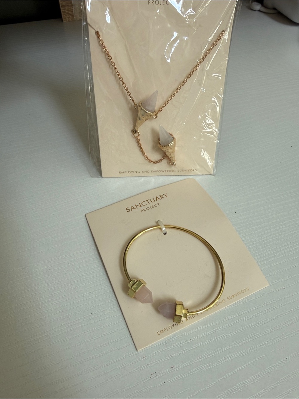 Gold Necklace with Light Pink Stone Pendants and Gold Cuff bracelet